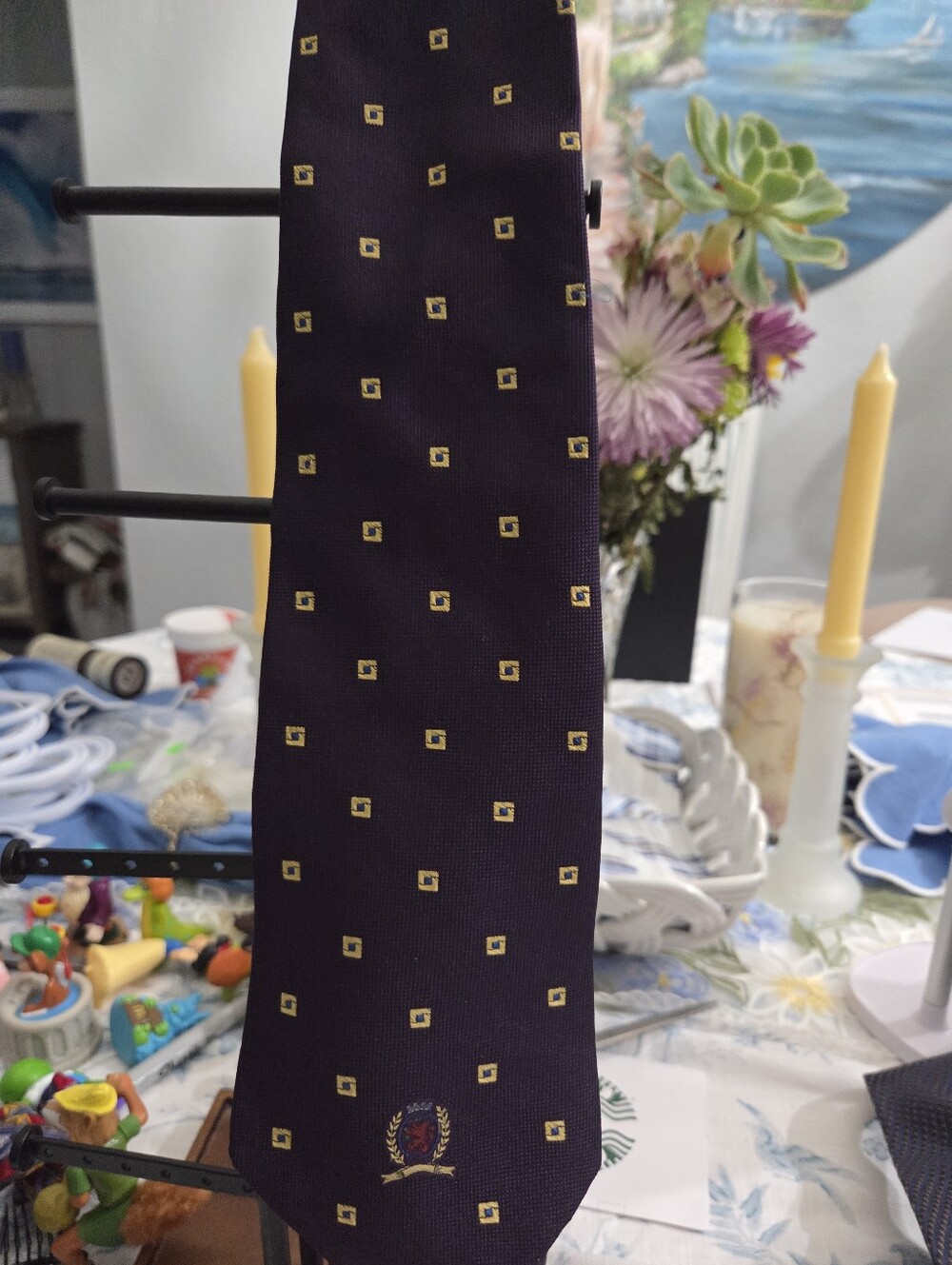 Tommy Hilfiger Men's Purple Silk Tie with Gold Square Motif
